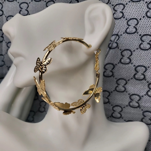 Laminated gold butterfly large hoop earringa - Picture 1 of 3